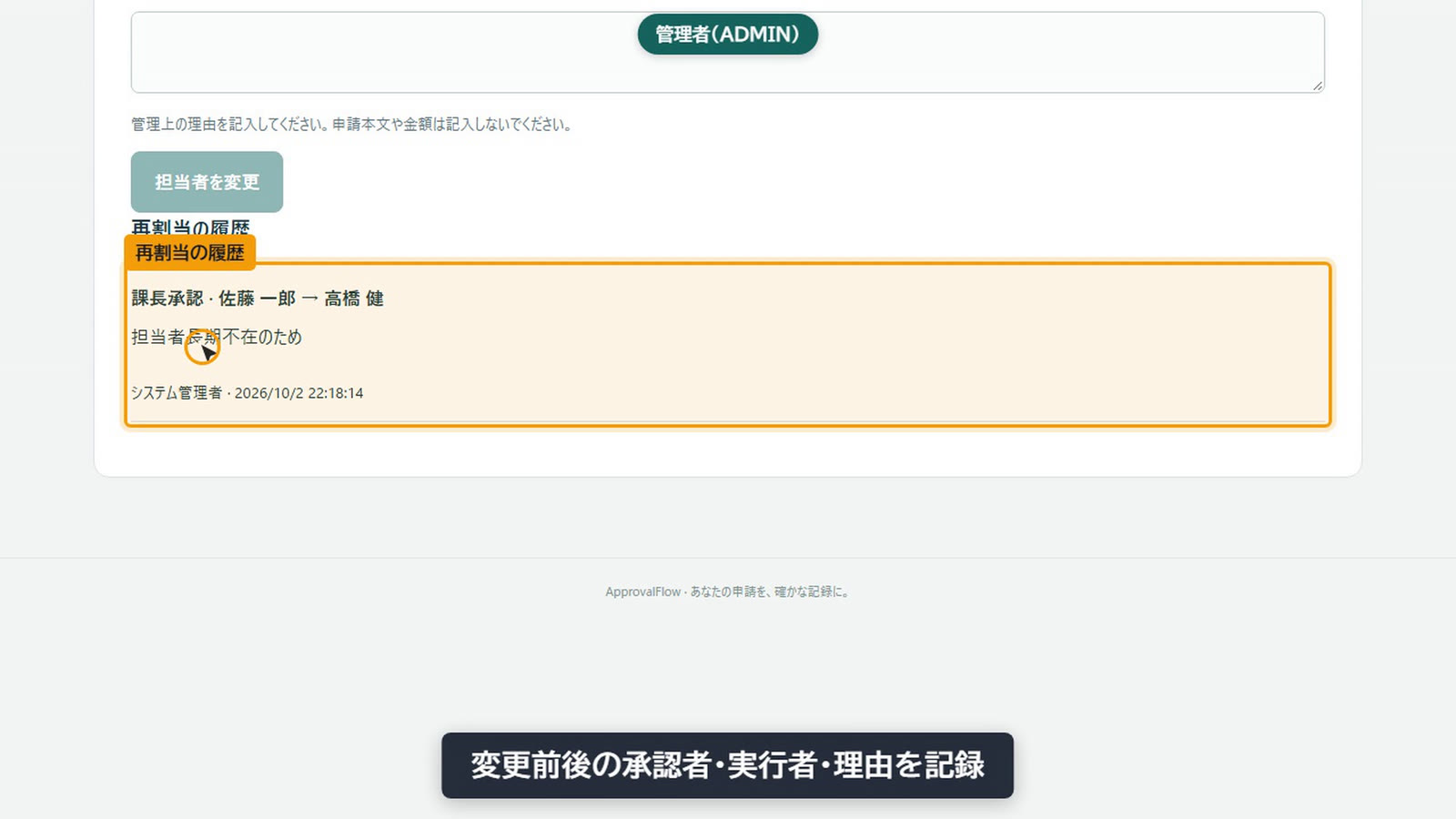 Adminが未処理の課長承認を再割当。変更前後・実行者・理由を記録